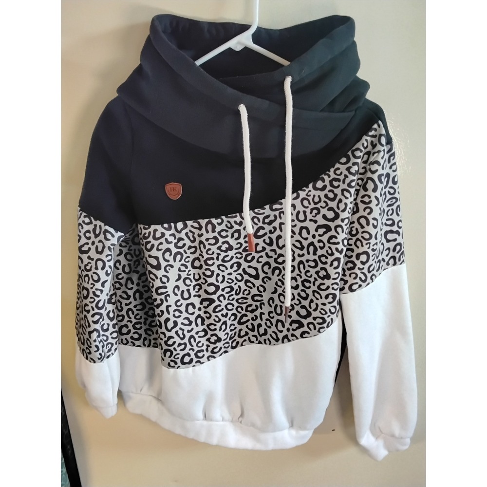 Sheilay Leopard Print Colorblock Cowl Neck Hoodie Sweatshirt Black White Medium